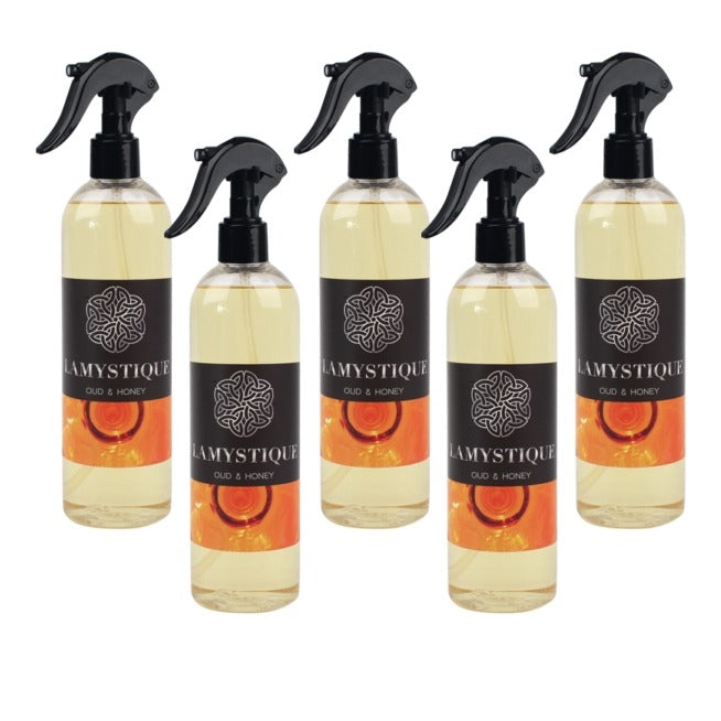 LaMystique, confezione da 5 profumatori spray d'ambiente e tessuti, fragranza Oud e Honey, 500 ml