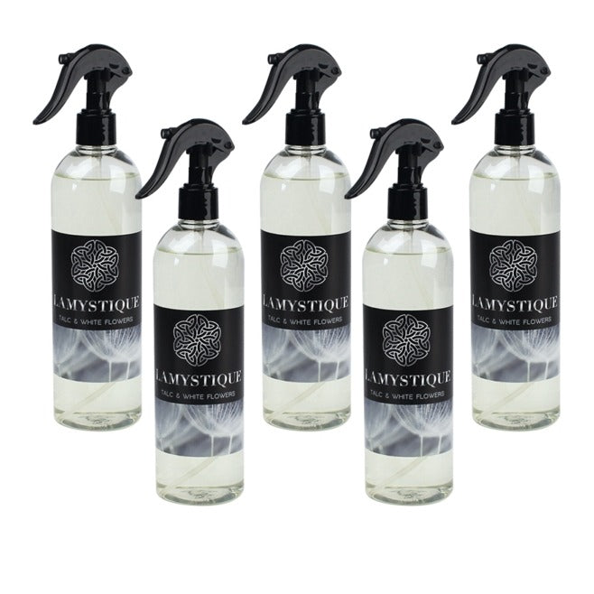 LaMystique, confezione da 5 spray per ambiente e tessuti, Talco e Fiori Bianchi, 500 ml