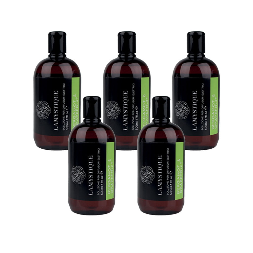 LaMystique, confezione da 5 refill di soluzione per diffusore elettrico a ultrasuoni, fragranza Bergamotto e Pompelmo, 500 ml