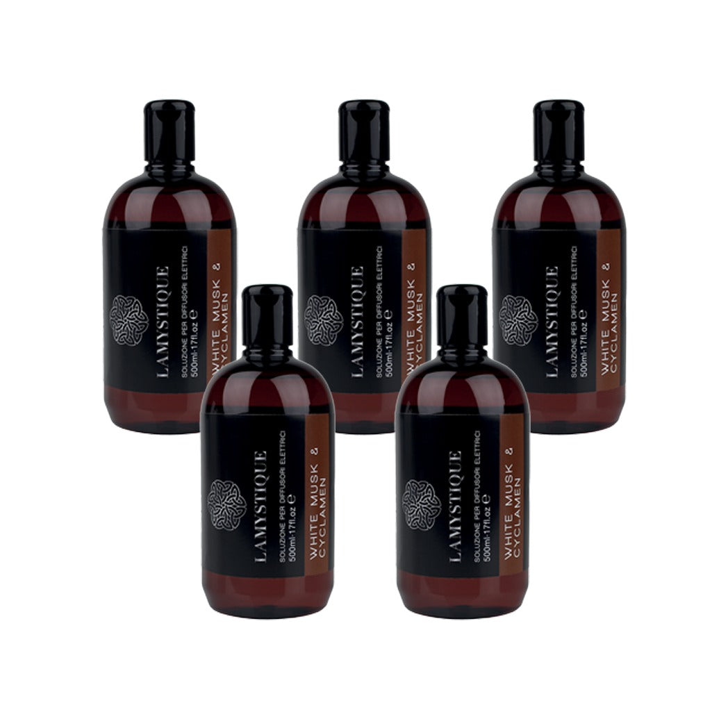 LaMystique: confezione da 5 ricariche per diffusore a ultrasuoni, fragranza Muschio Bianco e Ciclamino, 500 ml.
